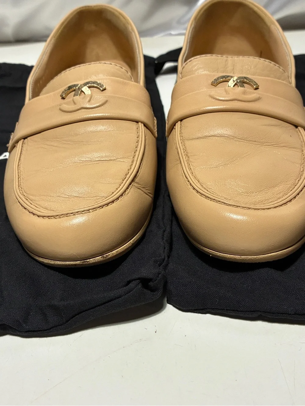 CHANEL Tan Leather CC Logo Penny Loafers